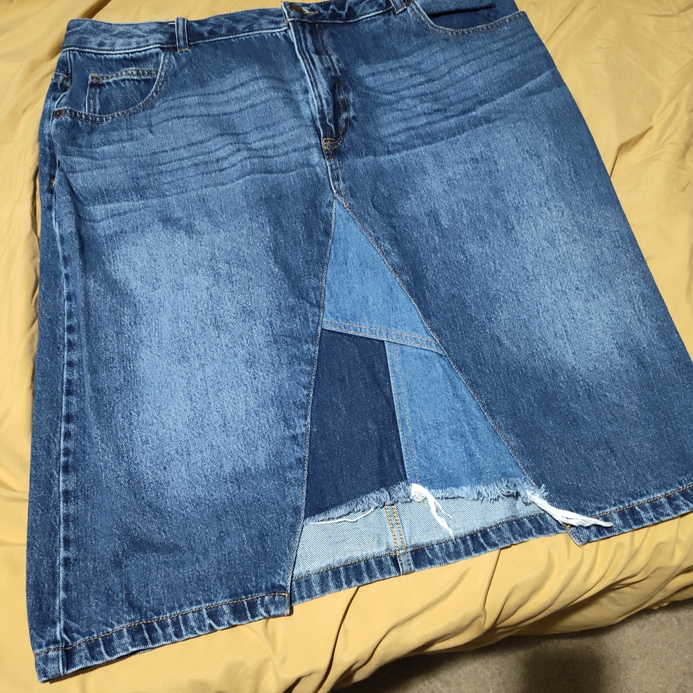 Time and Tru Blue Denim Pencil Skirt with Patchwork Accents